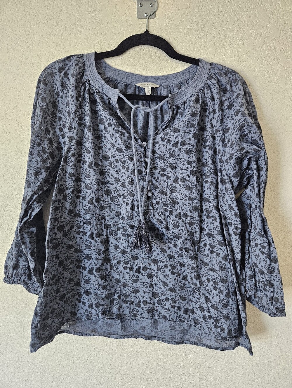 Lucky Brand Blue Floral Peasant Top with Tie Neck